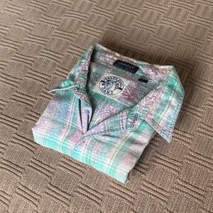 100% Cotton Gant Short-Sleeve Plaid Button-Down in Mint Green & Lavender